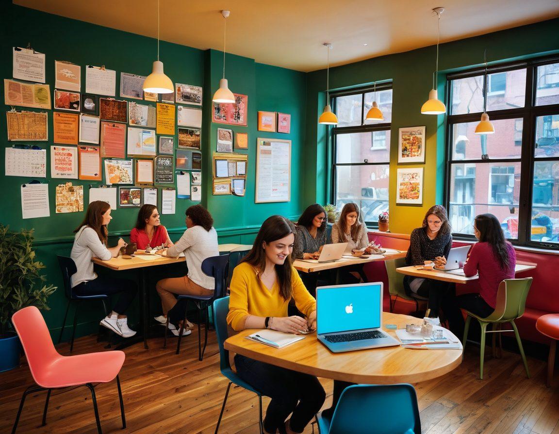 A vibrant cafe scene depicting diverse bloggers engaged in animated discussions, surrounded by colorful notebooks and laptops displaying creative content. Bright, eye-catching posters hang on the walls, illustrating various blog topics. Warm lighting creates an inviting atmosphere, fostering collaboration and inspiration. Elements of creativity like paint palettes and whimsical decorations enhance the scene. super-realistic. vibrant colors. cozy ambiance.