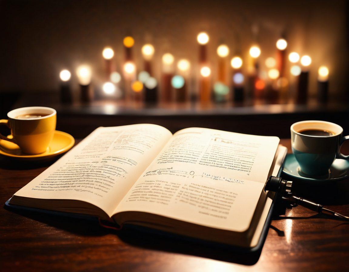 A captivating open journal with a glowing light emanating from its pages, filled with words symbolizing creativity and strategy. Surrounding the journal are tools like a laptop, a camera, and a coffee cup, representing the digital journey of blogging. In the background, silhouettes of people engaged in brainstorming and writing, enhancing the theme of collaboration. Warm, inviting colors with a slight bokeh effect to create a dreamy atmosphere. super-realistic. vibrant colors.